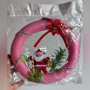 Vintage Pink Christmas Wreath with Santa Candy Cane